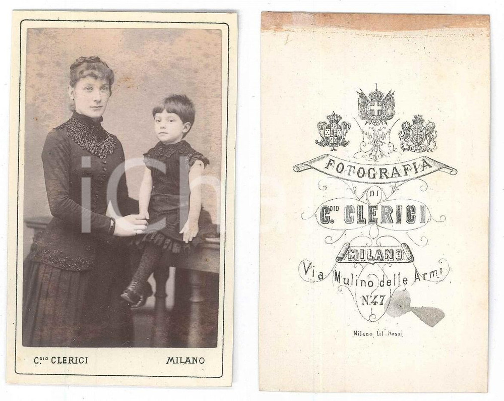 Fotografia d epoca originale 1875 ca MILANO Giovane madre e figlia  Ritratto Foto Claudio CLERICI CDV 1