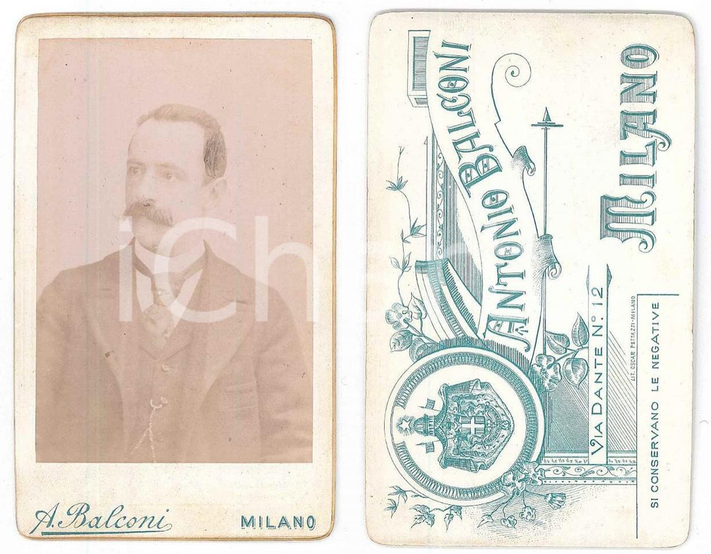 1890 ca MILANO Ritratto maschile - Busto - Foto A. BALCONI CDV  Fotografia d'epoca, su cartoncino rigido.FOTOGRAFO: Antonio Balconi - Milano, via Dante 12 GOOD/buono  Formato: 6x10 cm originale e autentica 1
