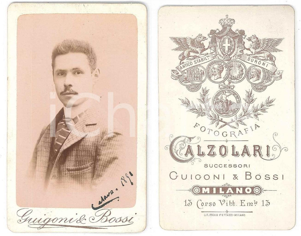 Fotografia d epoca originale 1891 MILANO Ritratto maschile con giacca a quadretti  Foto CALZOLARI CDV 1
