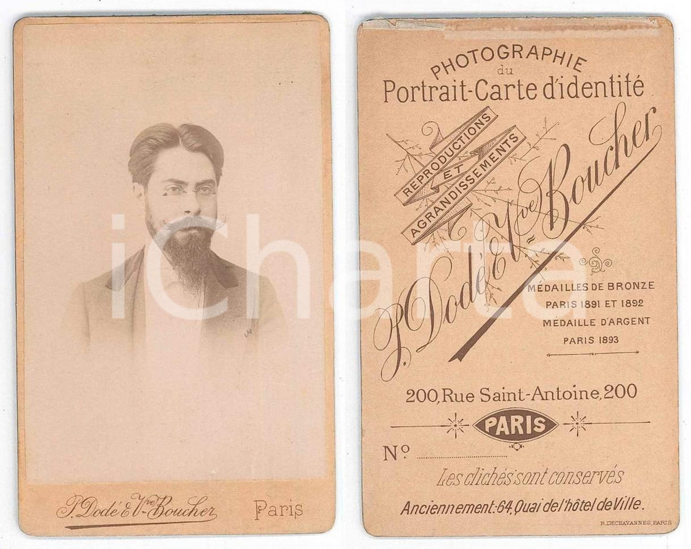 Fotografia d epoca originale 1895 ca PARIS Ritratto maschile con occhiali  Foto P. DODE  & v.ve BOUCHER CDV 1