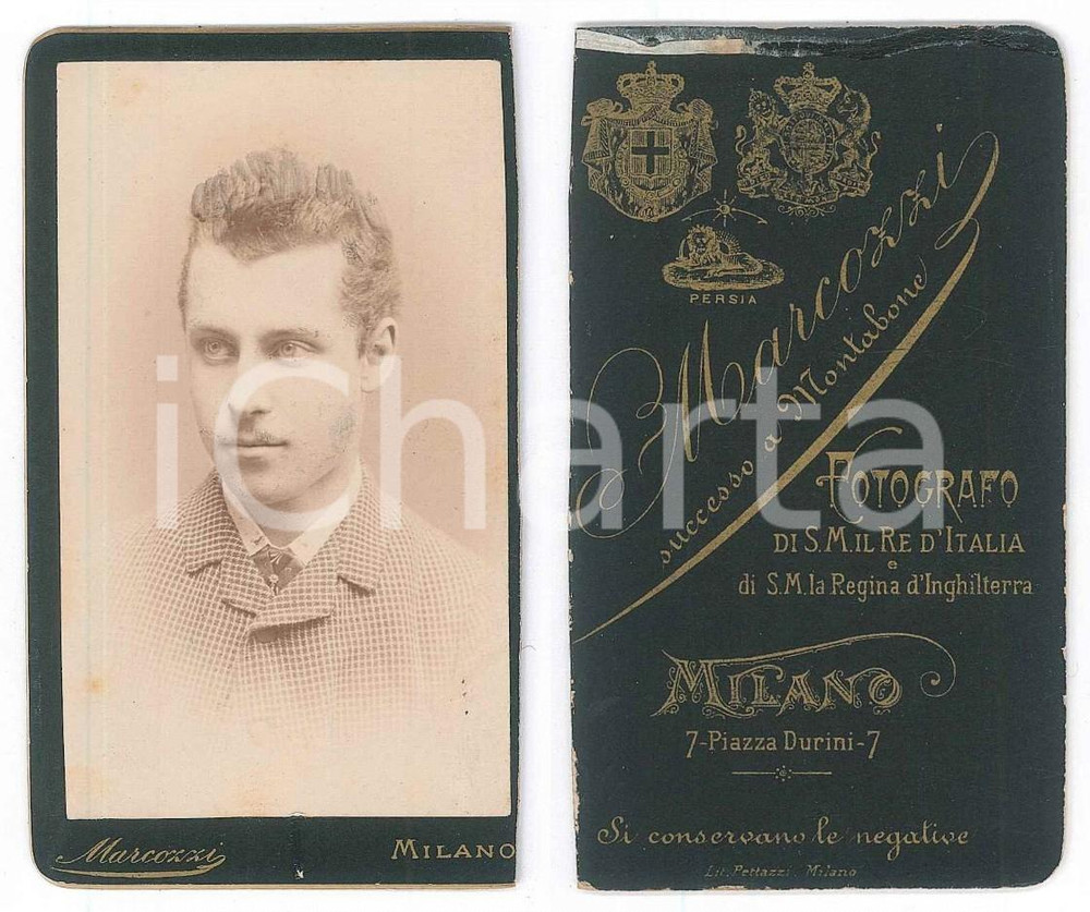 Fotografia d epoca originale 1890 ca MILANO Giovane uomo in giacca a quadretti  Foto MARCOZZI CDV 1