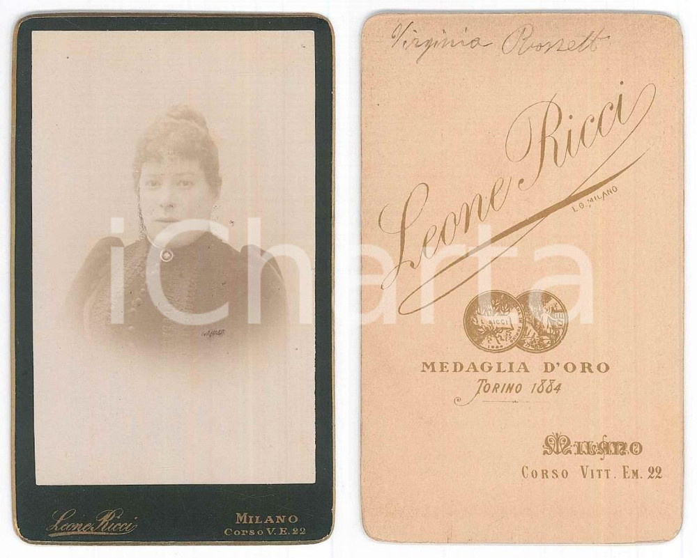 Fotografia d epoca originale 1885 ca MILANO Ritratto di Virginia ROSSETTI  Busto  Foto Leone RICCI CDV 1