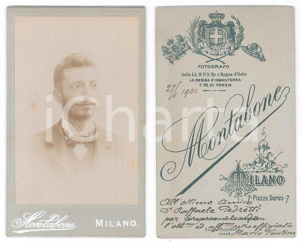 1901 MILANO Ritratto di Mario FONTANA - Foto MONTABONE CDV  Fotografia d'epoca, su cartoncino rigido.Dedica manoscritta al verso.  GOOD/buono  Formato: 6x10 cm originale e autentica 1