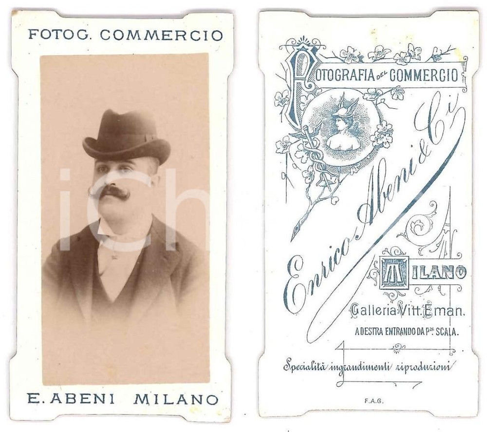 Fotografia d epoca originale 1900 ca MILANO Ritratto maschile con il cappello  Foto Enrico ABENI 5x9 cm 1