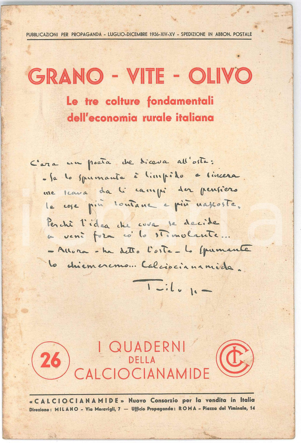 Libro, pubblicazione d epoca 1936 I QUADERNI DELLA CALCIOCIANAMIDE Granoviteolivo colture fondamentali 1
