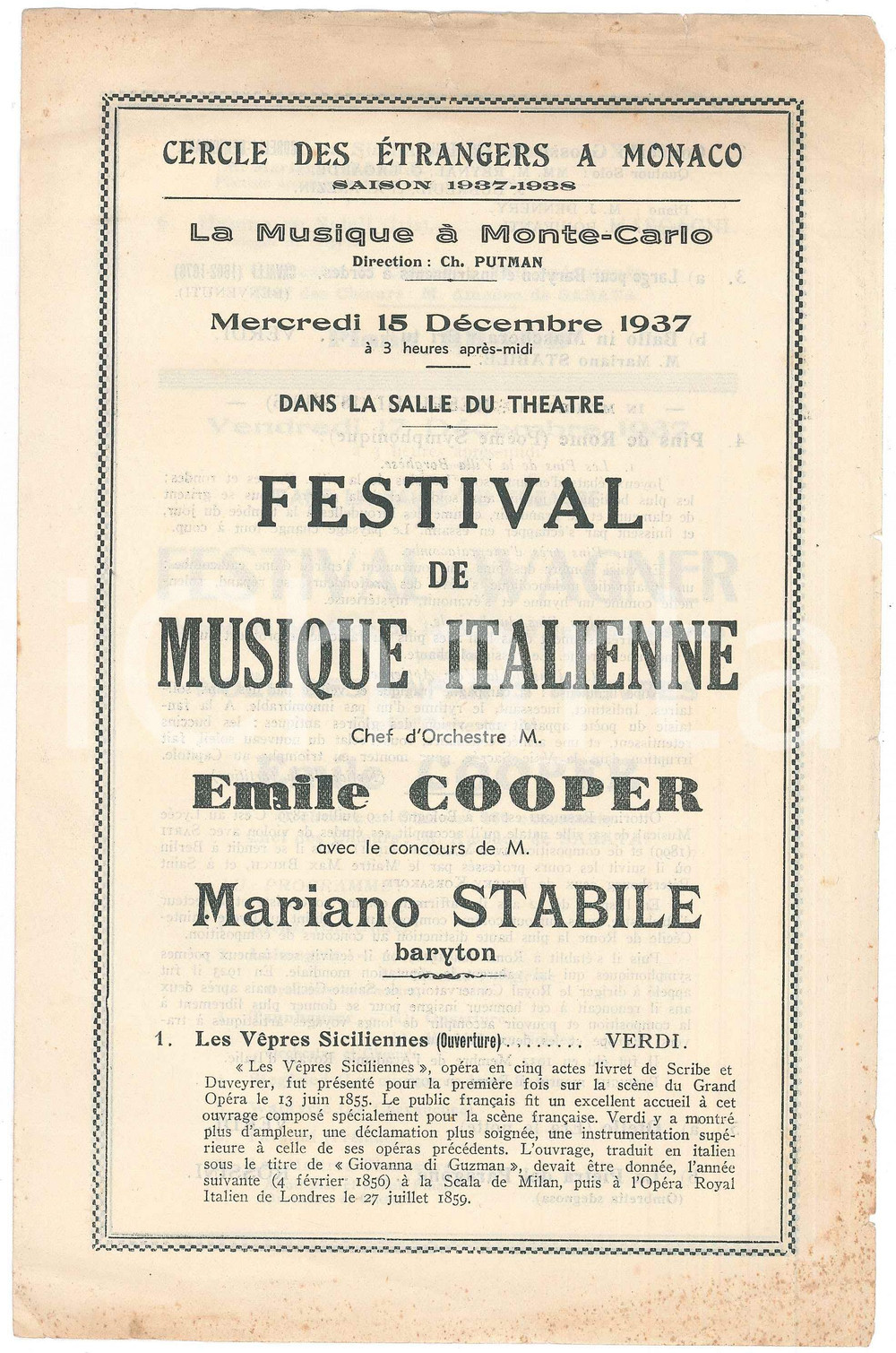 Materiale pubblicitario d’epoca 1937 MONACO Cercle des Etrangers  Festival de Musique Italienne  Programme 1