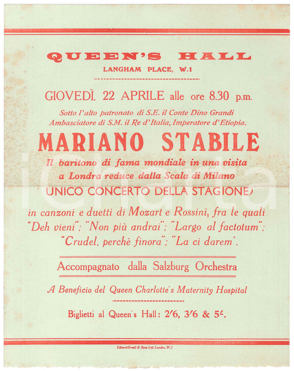 Materiale pubblicitario d’epoca 1937 LONDON Queen s Hall  Concerto baritono Mariano STABILE Volantino 1