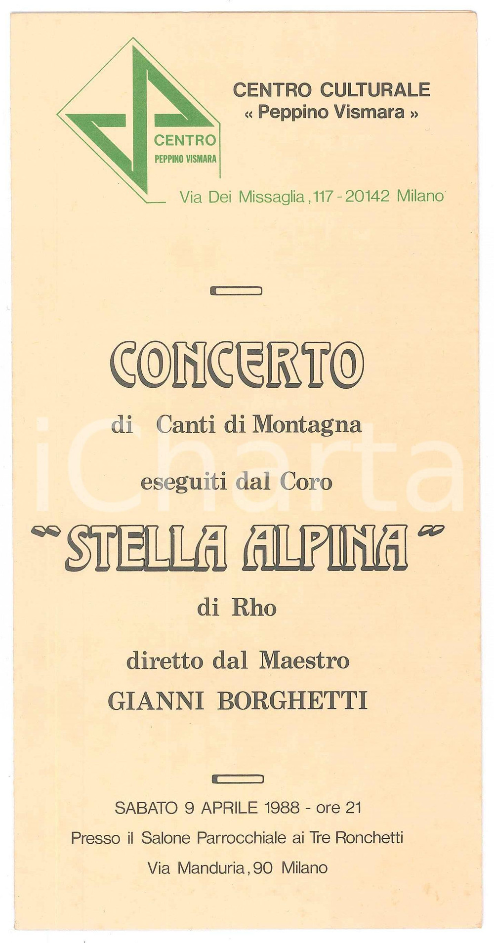 Materiale pubblicitario d’epoca 1988 MILANO Centro Peppino VISMARA Concerto Coro STELLA ALPINA di Rho Programma 1