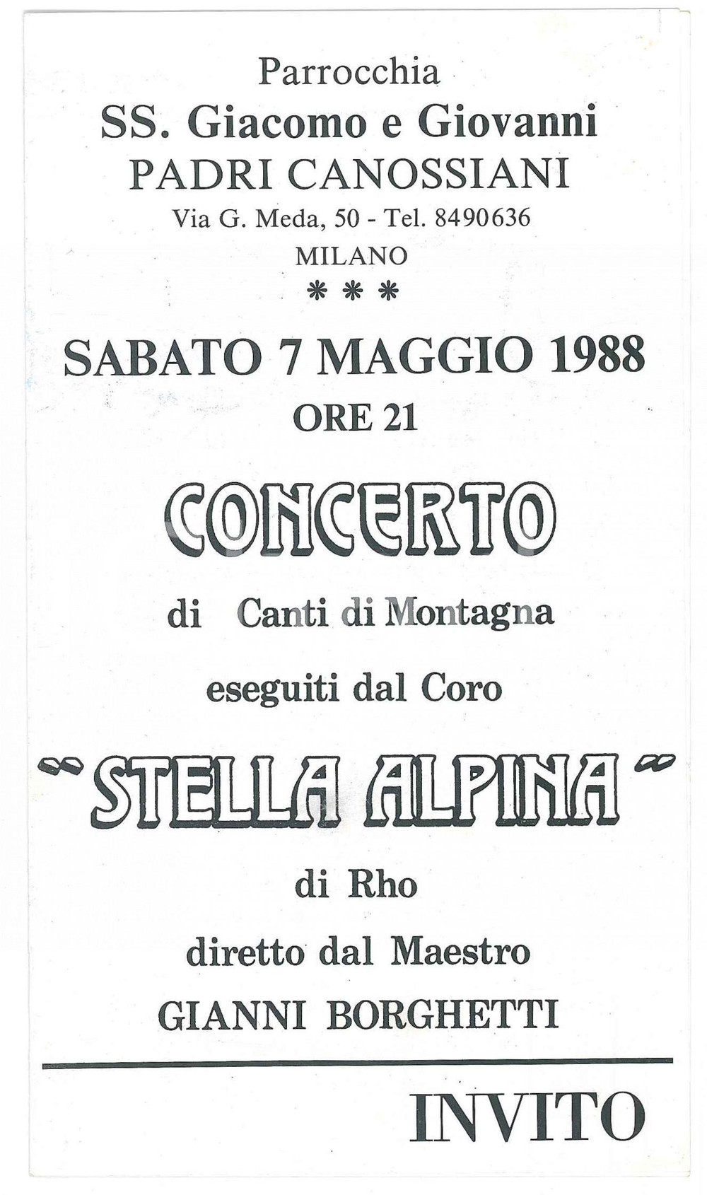 Materiale pubblicitario d’epoca 1988 MILANO Concerto Coro STELLA ALPINA di Rho  Canti di montagna Invito 1