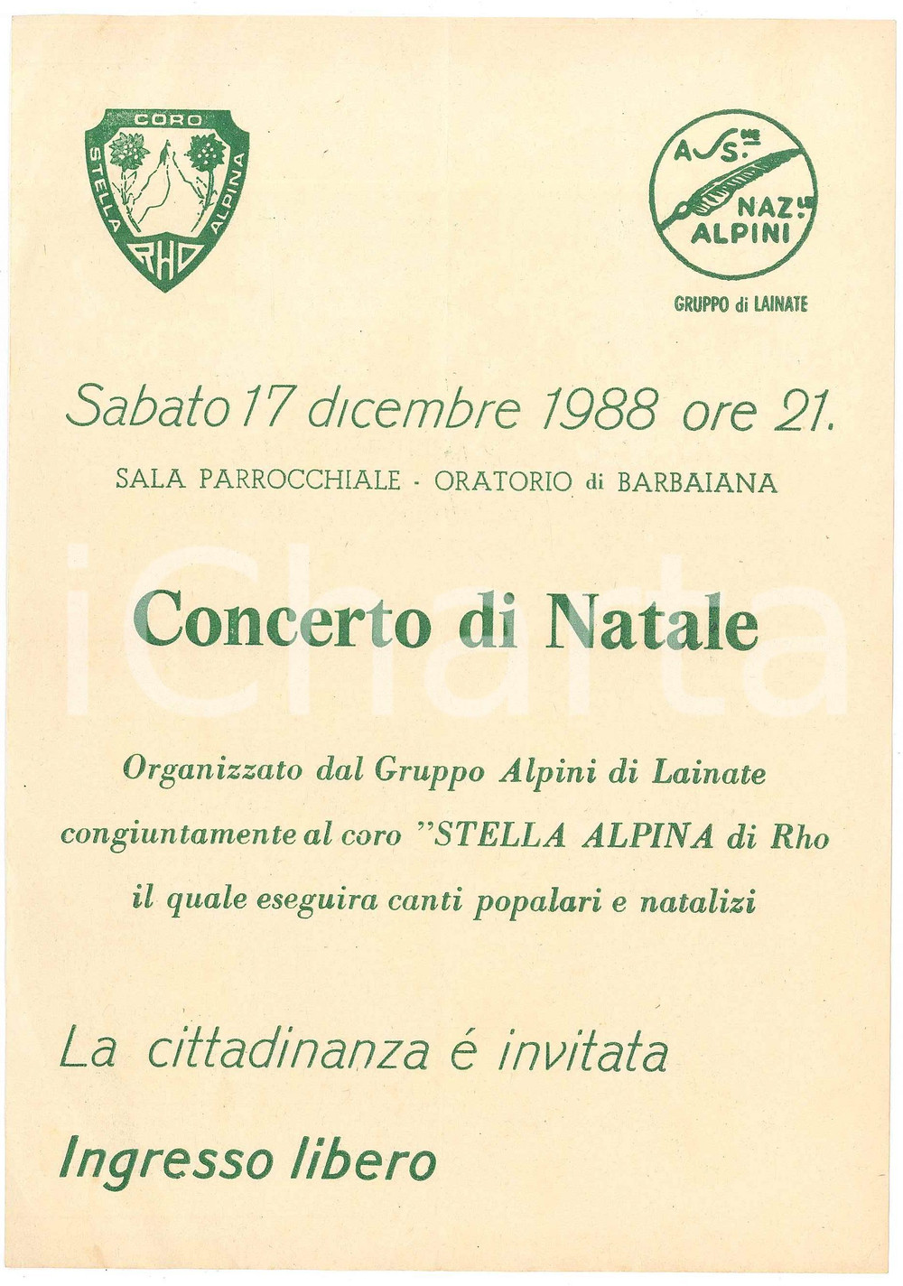 Materiale pubblicitario d’epoca 1988 BARBAIANA/ LAINATE MI Concerto Coro STELLA ALPINA di RHO Volantino 1
