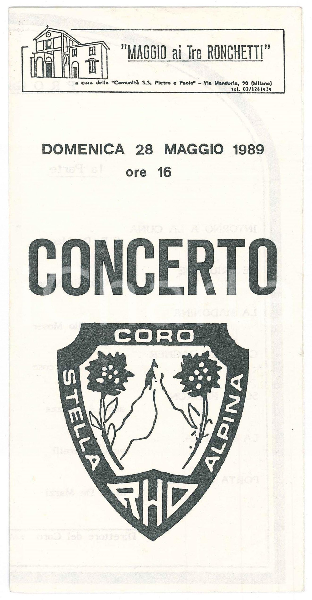 Materiale pubblicitario d’epoca 1989 MILANO ComunitÃ  SS. Pietro e Paolo  Concerto Coro STELLA ALPINA di Rho 1