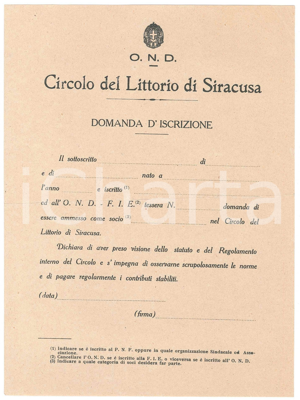 Documento originale, autentico 1935 ca SIRACUSA O.N.D. Circolo del Littorio  Modulo d iscrizione NON COMPILATO 1