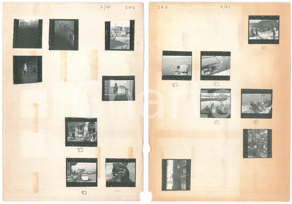Fotografia d epoca originale 1950 TRIESTE Pescatori e bancarelle nelle vie della cittÃ   15 provini 3x4 cm 1