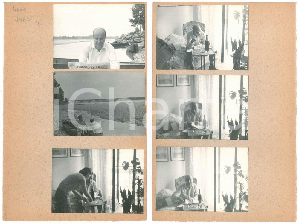 Fotografia d epoca originale 1962 VIGEVANO Uomo legge PICCOLO SERA su rive del TICINO 6 provini fotografici 1