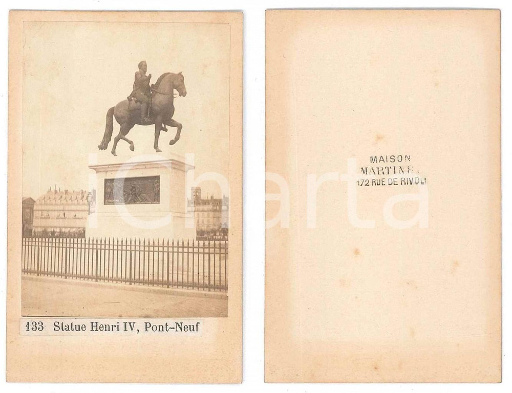 Fotografia d epoca originale 1875 ca PARIS Statue HENRI IV  PONT NEUF Photo Maison MARTINET CDV 1