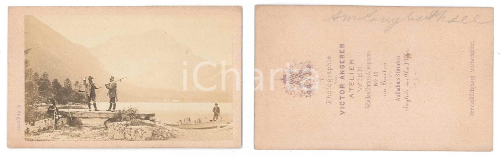 Fotografia d epoca originale 1870 ca AUSTRIA Cacciatori al lago Foto ANIMATA  Victor ANGERER CDV 1