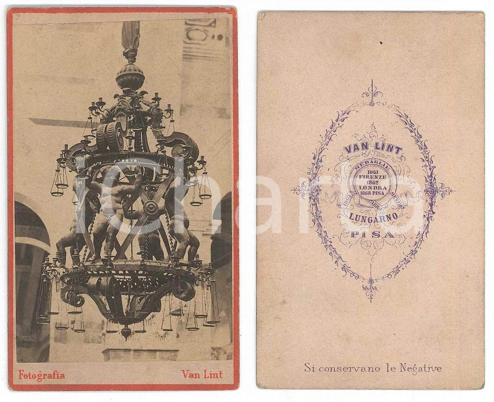 Fotografia d epoca originale 1870 ca DUOMO DI PISA  La lampada di Galileo  Foto VAN LINT CDV 1