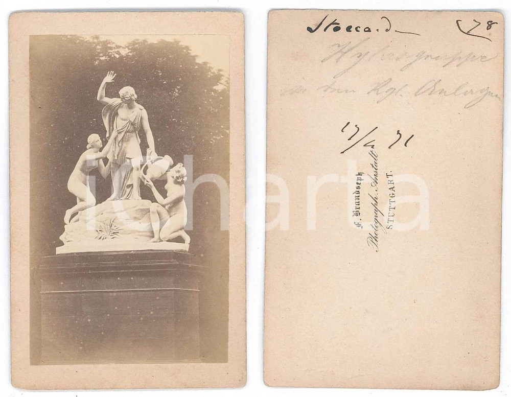 Fotografia d epoca originale 1871 STUTTGART Hylasgruppe in den Koengliche Anlagen Foto statua CDV 1