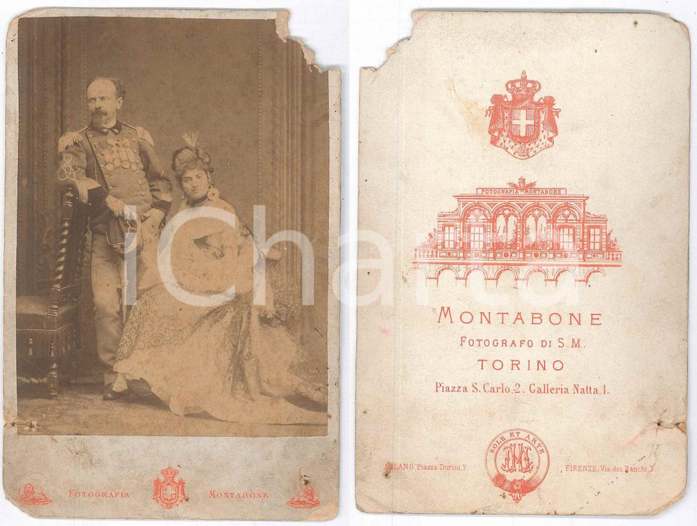 Fotografia d epoca originale 1870 ca TORINO NOBILTA  Alto ufficiale con la moglie Foto MONTABONE DANNEGGIATA 1