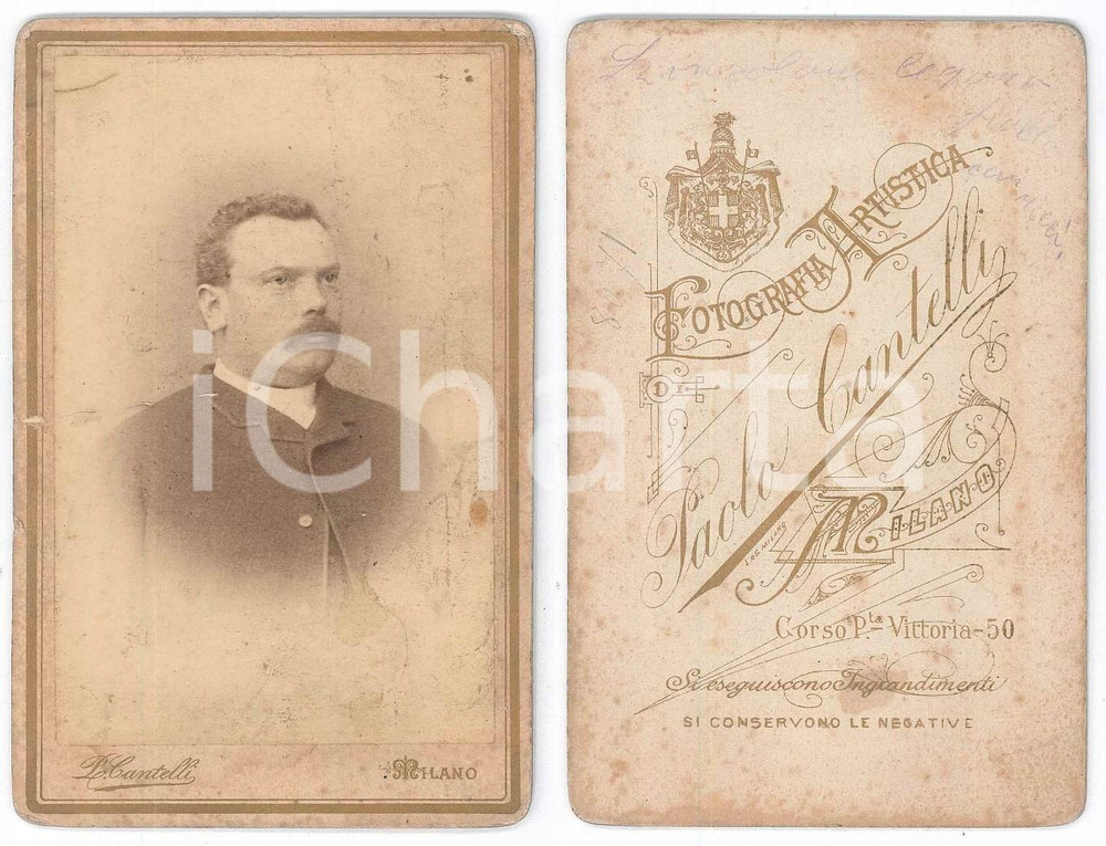 Fotografia d epoca originale 1900 ca MILANO Ritratto maschile  Busto  Foto Paolo CANTELLI 8x12 cm 1