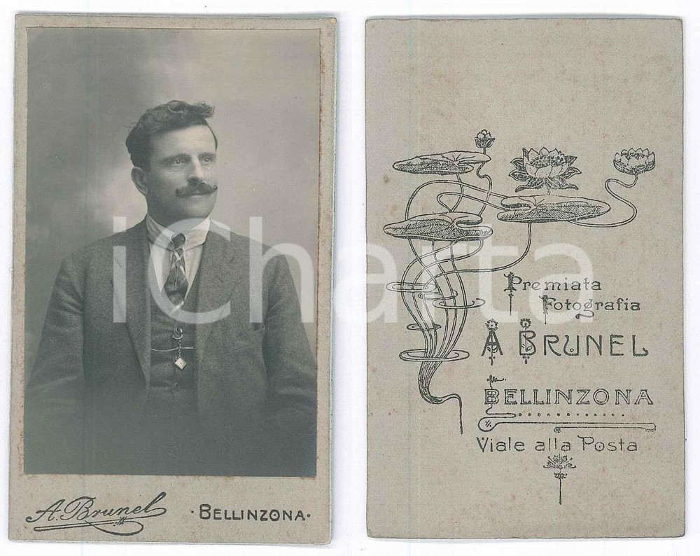 Fotografia d epoca originale 1910 ca BELLINZONA SVIZZERA Ritratto maschile  Foto A. BRUNEL CDV 1