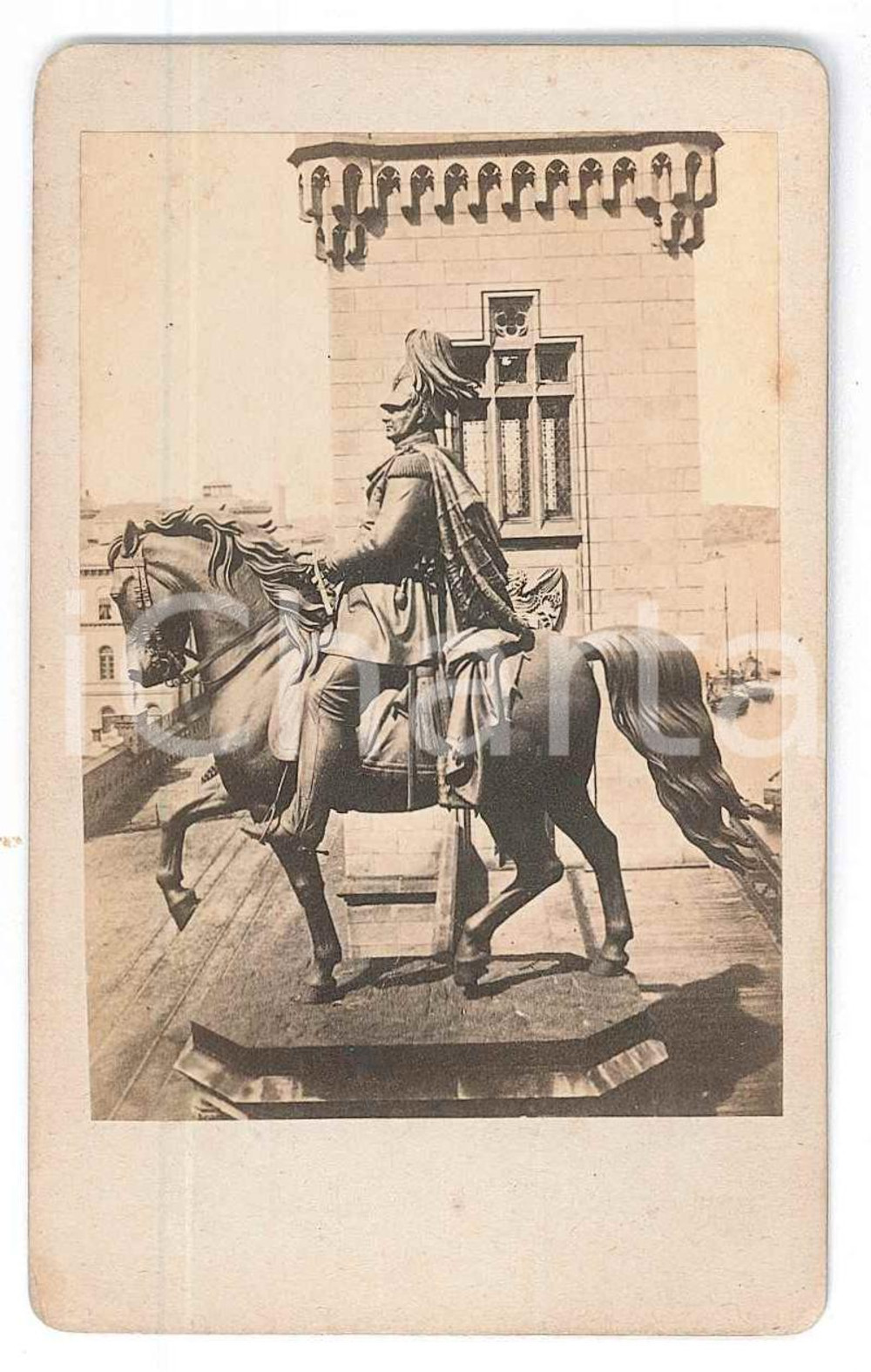 Fotografia d epoca originale 1871 COLONIA /KOLN Statua sul ponte in ferro  Fotografia 6x10 cm 1
