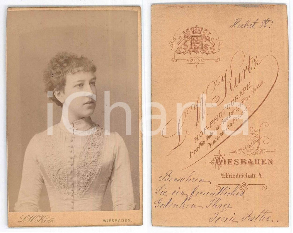 Fotografia d epoca originale 1888 WIESBADEN Ritratto di Tonie ROTHE  Foto L. W. KURTZ  CDV 1