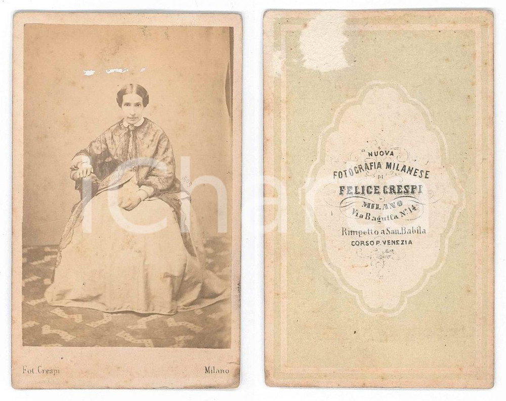 Fotografia d epoca originale 1875 ca MILANO Ritratto di donna seduta  Foto Felice CRESPI 6x10 cm 1