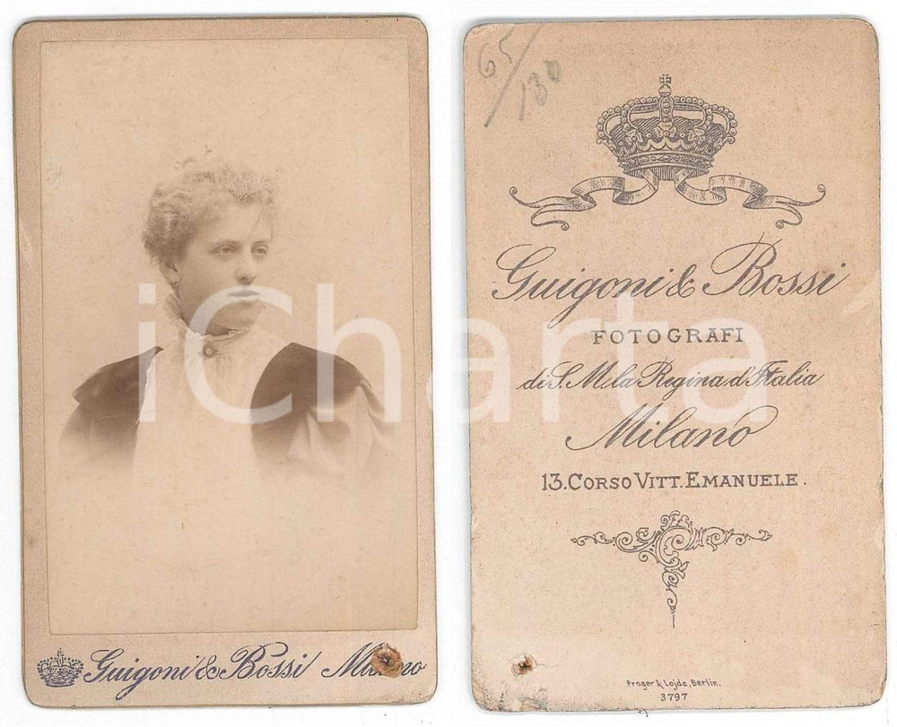 Fotografia d epoca originale 1890 ca MILANO Ritratto di donna  Busto  Foto GUIGONI & BOSSI CDV 1