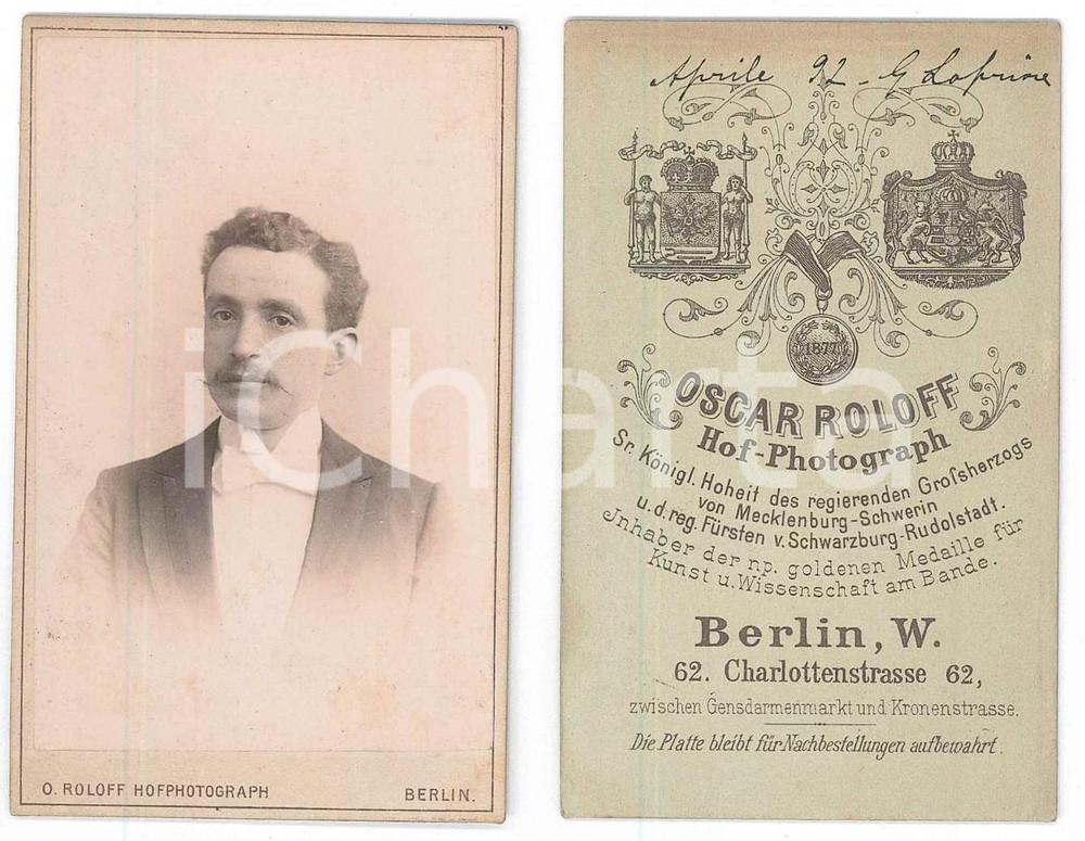 1880 ca BERLIN Ritratto di un giovane uomo - Foto Oscar ROLOFF CDV
