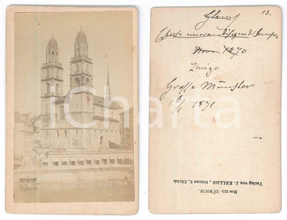 Fotografia d epoca originale 1871 ZURICH CH GrossmÃ¼nster  Antico duomo  Photo J. KELLER 6x10 cm 1
