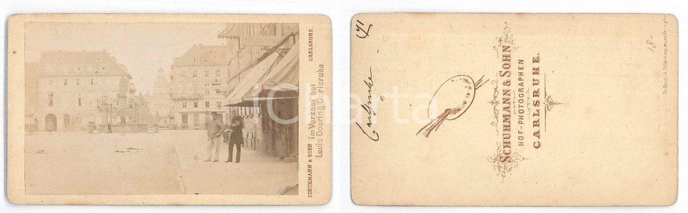 Fotografia d epoca originale 1871 KARLSRUHE Piazza del Mercato e piramide Foto ANIMATA  SCHUMANN & SOHN 1