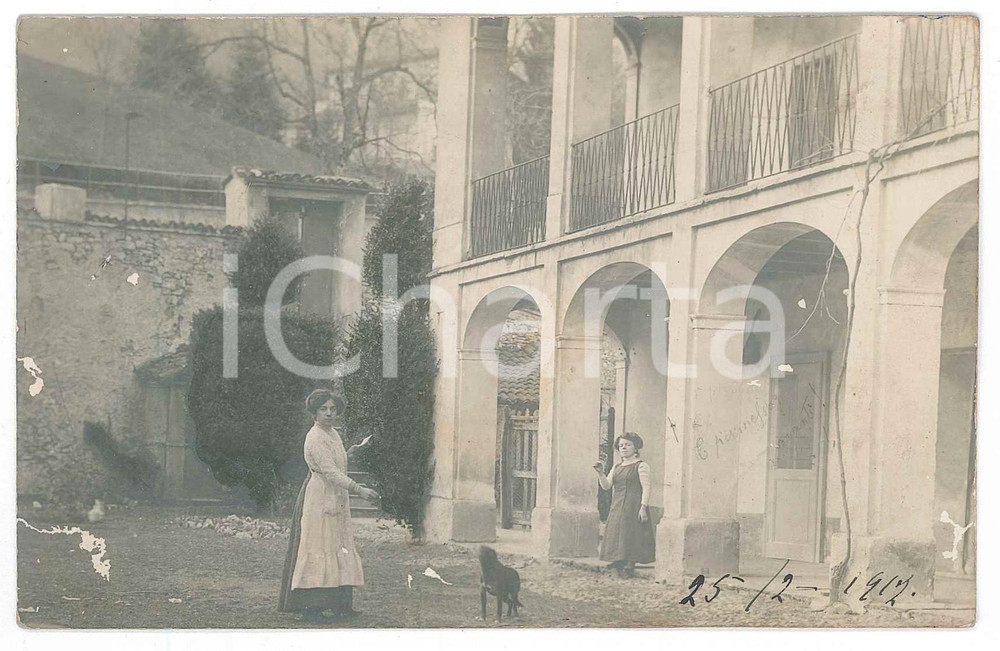 Fotografia d epoca originale 1912 MARCHIROLO Ritratto di Ines PELLA in cascina con il cane Foto cartolina 1