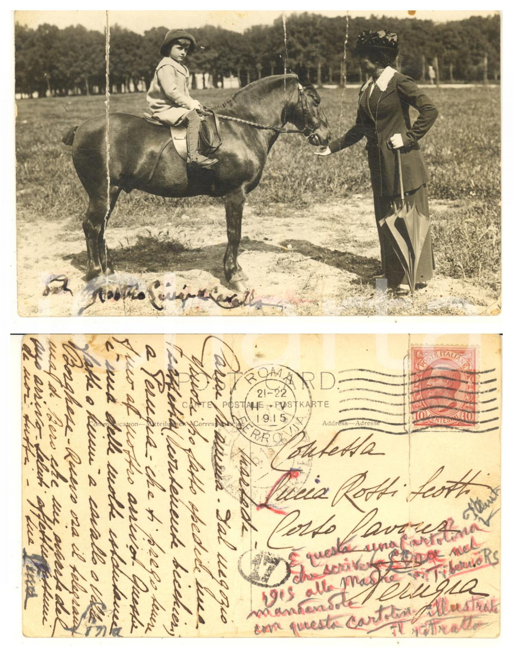 Autografo originale 1915 ROMA Lina ROSSI SCOTTI e il figlio Luigi Foto AUTOGRAFO DANNEGGIATA 1