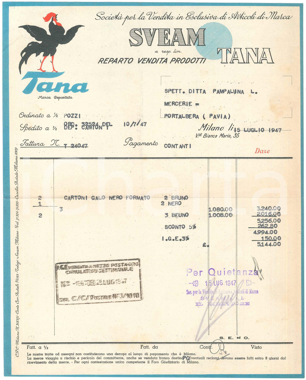 Documento originale, autentico 1947 MILANO V.le Bianca Maria 35 Società  SVEAM Vendita prodotti TANA Fattura 1