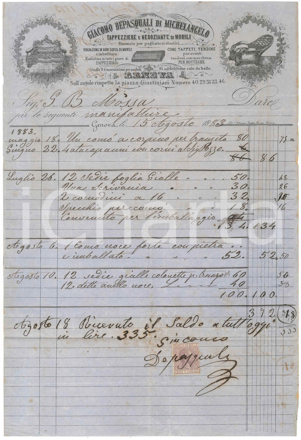 Documento originale, autentico 1883 GENOVA Giacomo DEPASQUALI DI MICHELANGELO Tappezziere  Fattura mobili 1