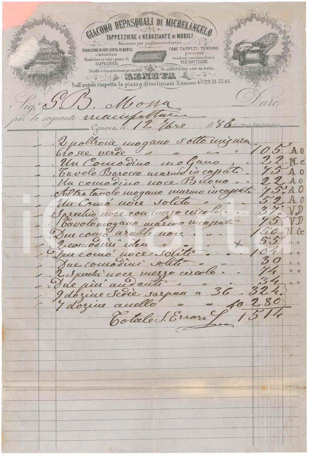 Documento originale, autentico 1886 GENOVA Giacomo DEPASQUALI DI MICHELANGELO Tappezziere  Fattura mobili 2 1
