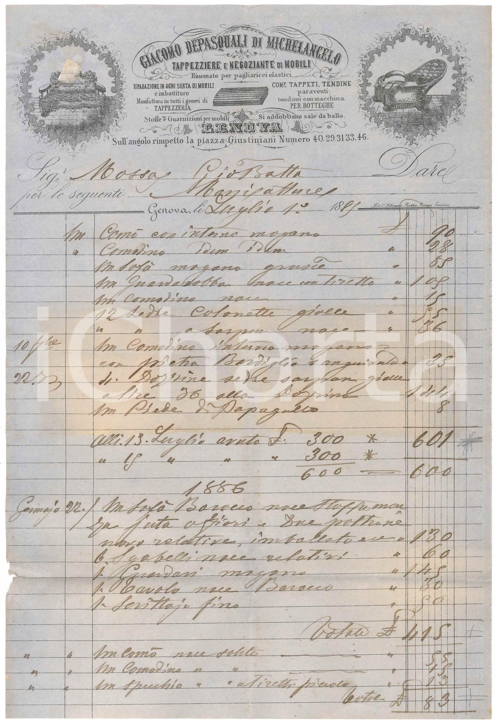 Documento originale, autentico 1885 GENOVA Giacomo DEPASQUALI DI MICHELANGELO Tappezziere  Fattura mobili 1