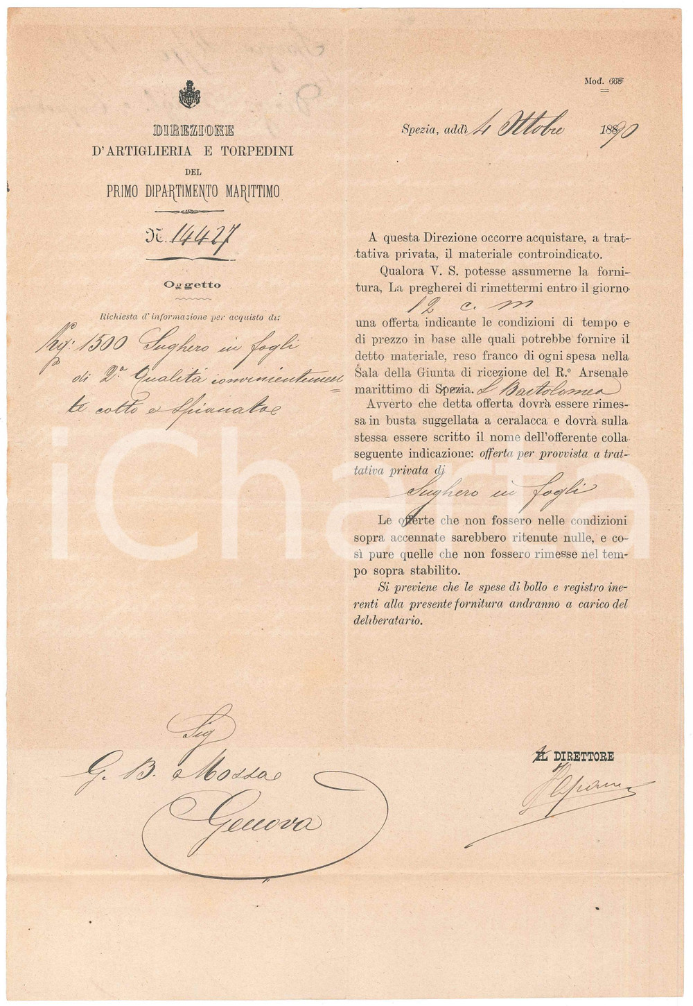 Documento originale, autentico 1890 LA SPEZIA Direzione Artiglieria e Torpedini  Lettera per acquisto sughero 1