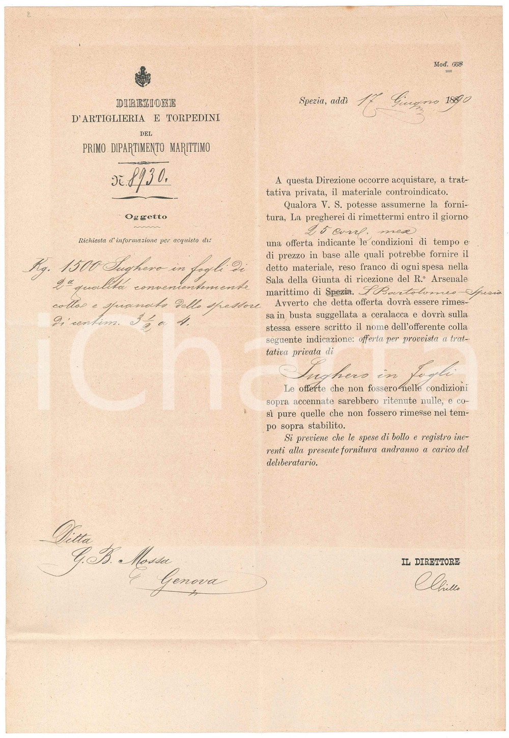 Documento originale, autentico 1890 LA SPEZIA Direzione Artiglieria e Torpedini  Lettera per sughero in fogli 1