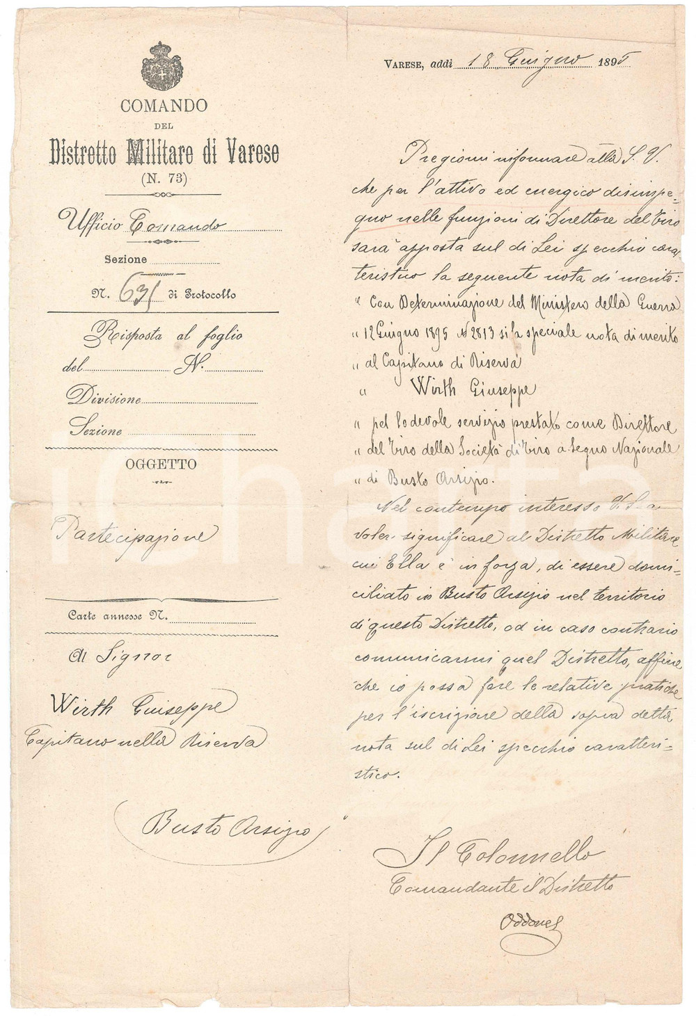 Documento originale, autentico 1895 VARESE Nota di merito per Giuseppe WIRTH  Tiro a Segno BUSTO ARSIZIO 1