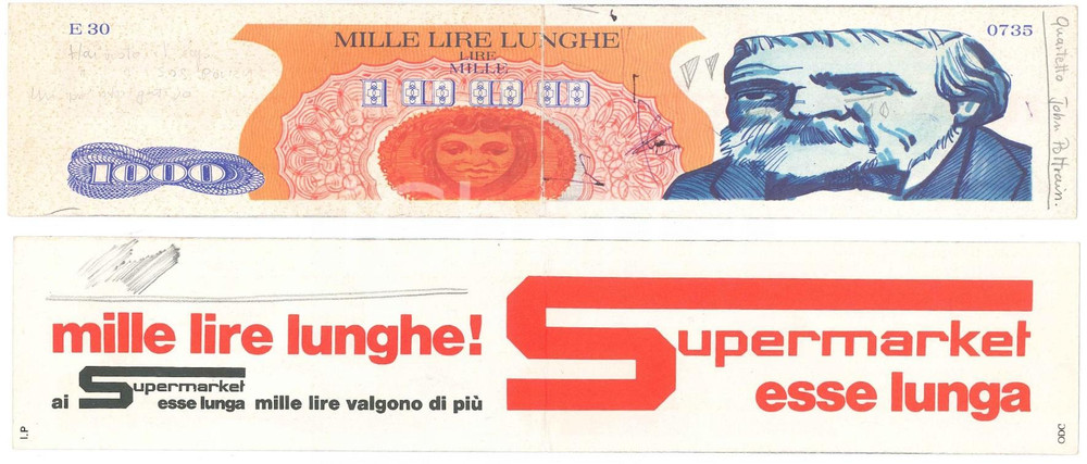 Materiale pubblicitario d’epoca 1969 Supermercati ESSELUNGA  Mille lire lunghe Segnalibro pubblicitario 1