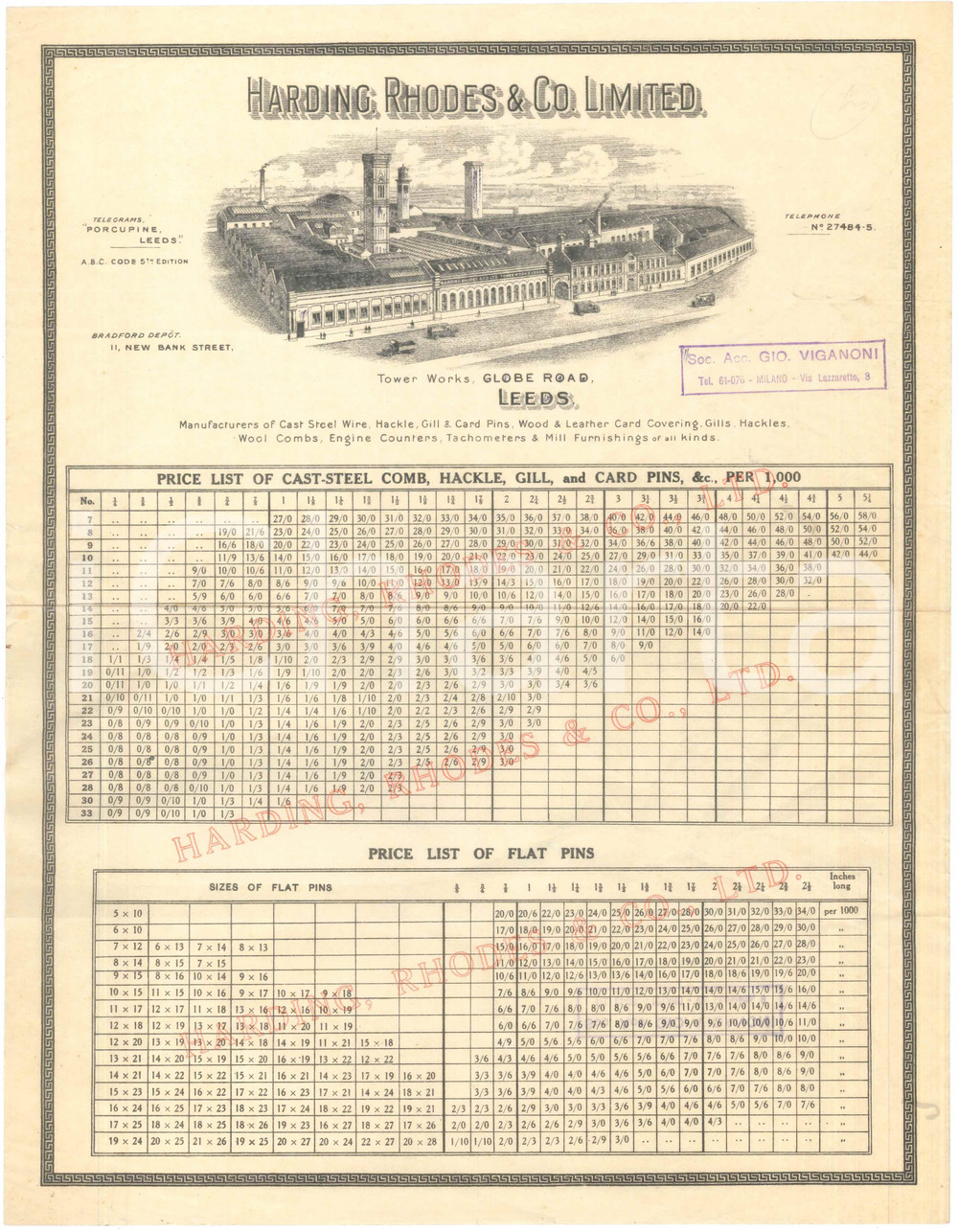 Materiale pubblicitario d’epoca 1910 ca LEEDS  HARDING RHODES & Co.  Price list flat pins caststeel comb 1
