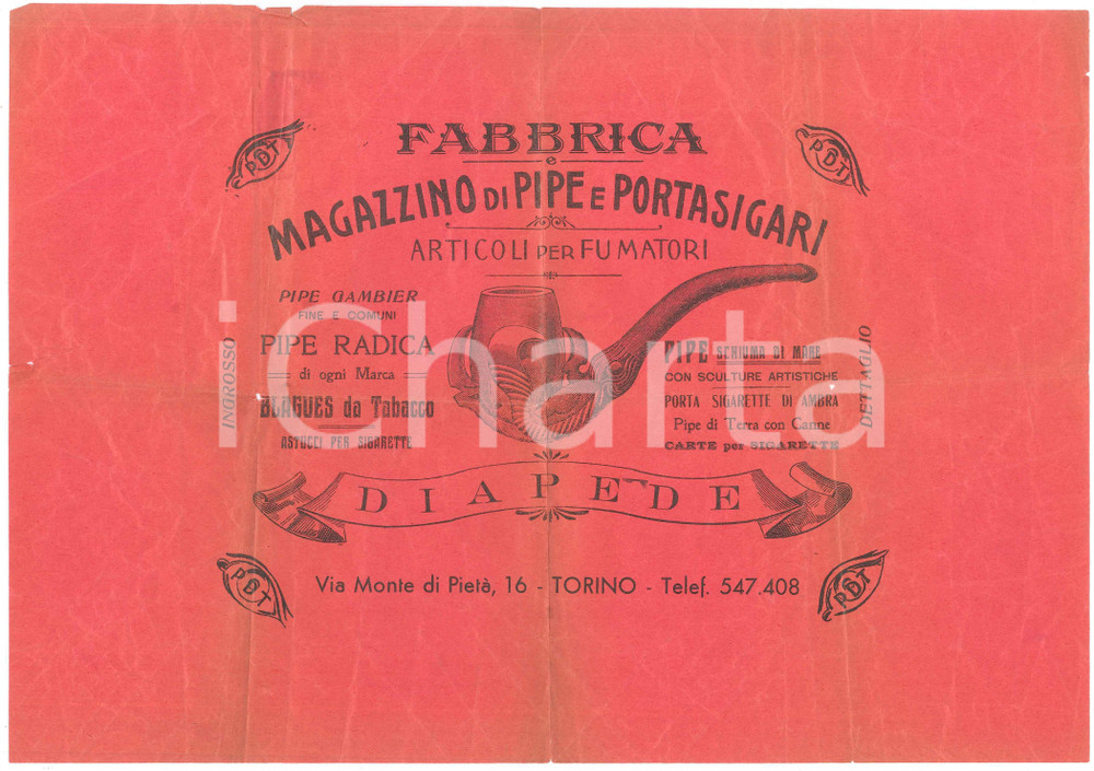 Materiale pubblicitario d’epoca 1910 ca TORINO Fabbrica Magazzino Pipe e Portasigari  Manifestino 35x25 1