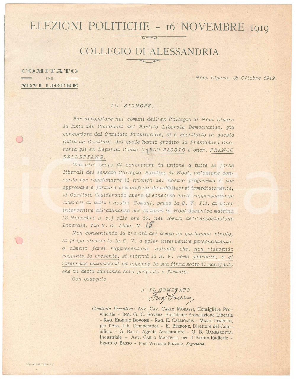 Documento originale, autentico 1919 NOVI LIGURE Elezioni politiche  Partito Liberale Democratico Lettera 1