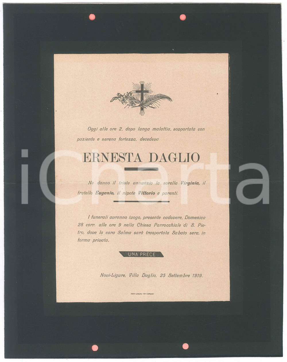 Documento originale, autentico 1919 NOVI LIGURE AL Manifestino lutto per Ernesta DAGLIO 1