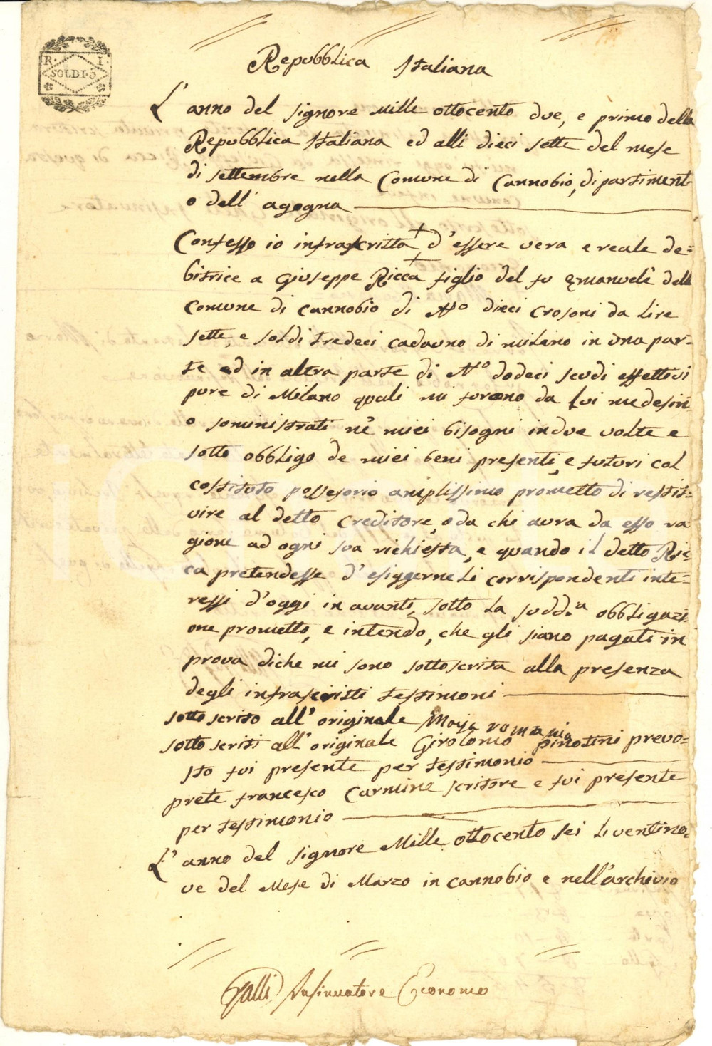 Documento originale, autentico 1802 CANNOBIO VCO Maria ROMARIA debitrice di Giuseppe RICCA Manoscritto 1