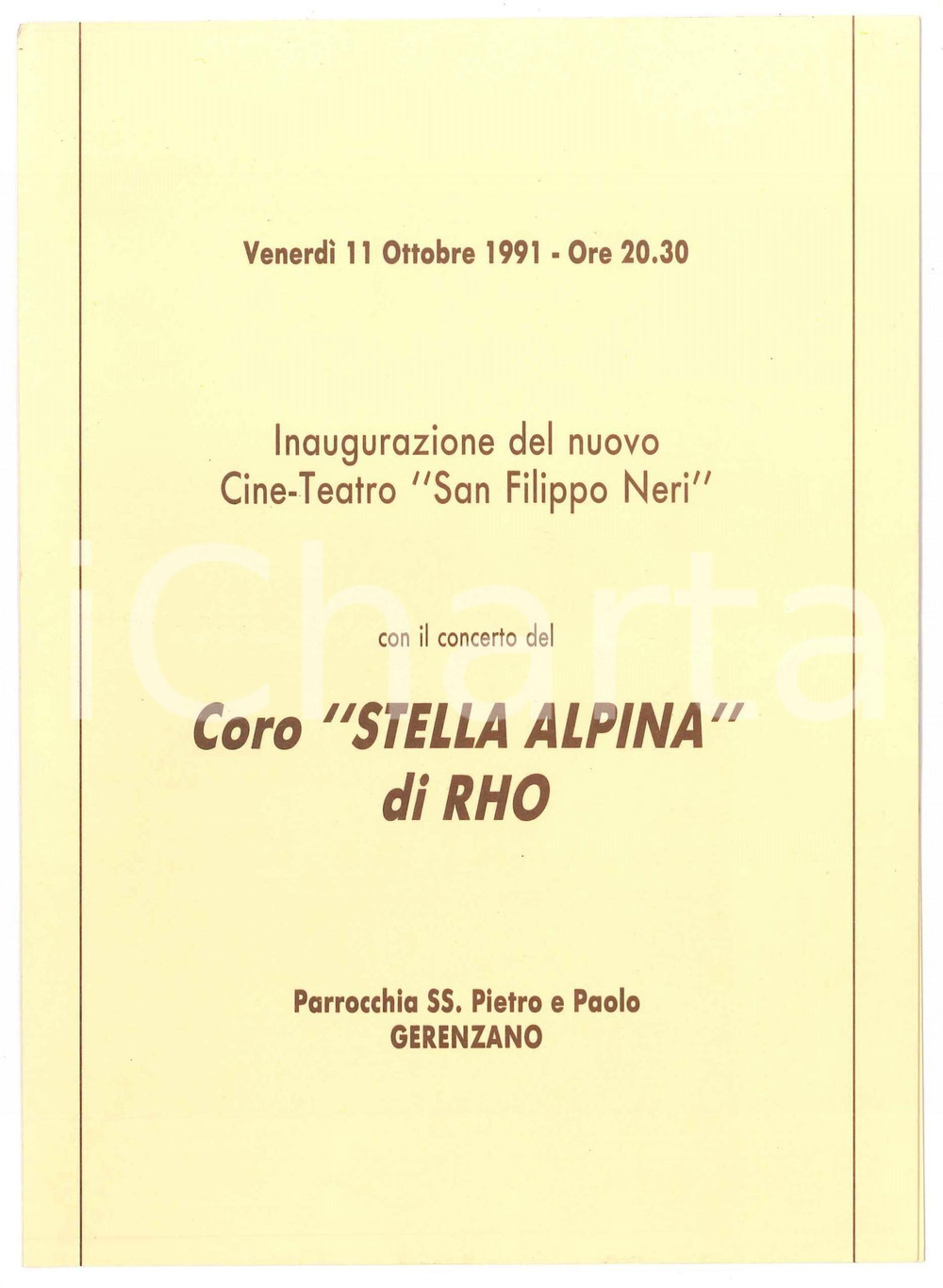 Materiale pubblicitario d’epoca 1991 GERENZANO Inaugurazione cineteatro  Concerto coro STELLA ALPINA di RHO 1