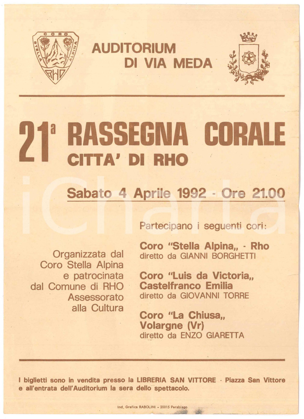 Materiale pubblicitario d’epoca 1992 CITTA  DI RHO Auditorium via Meda  21 Rassegna Corale  Programma 1