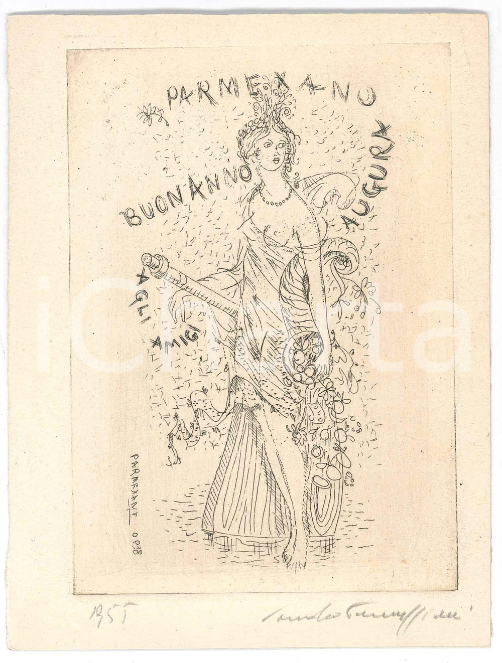 Opera d’arte autentica 1955 Artista Sandro PARMEGGIANI  PARMEXANO  Biglietto donna buon anno FIRMATO 1